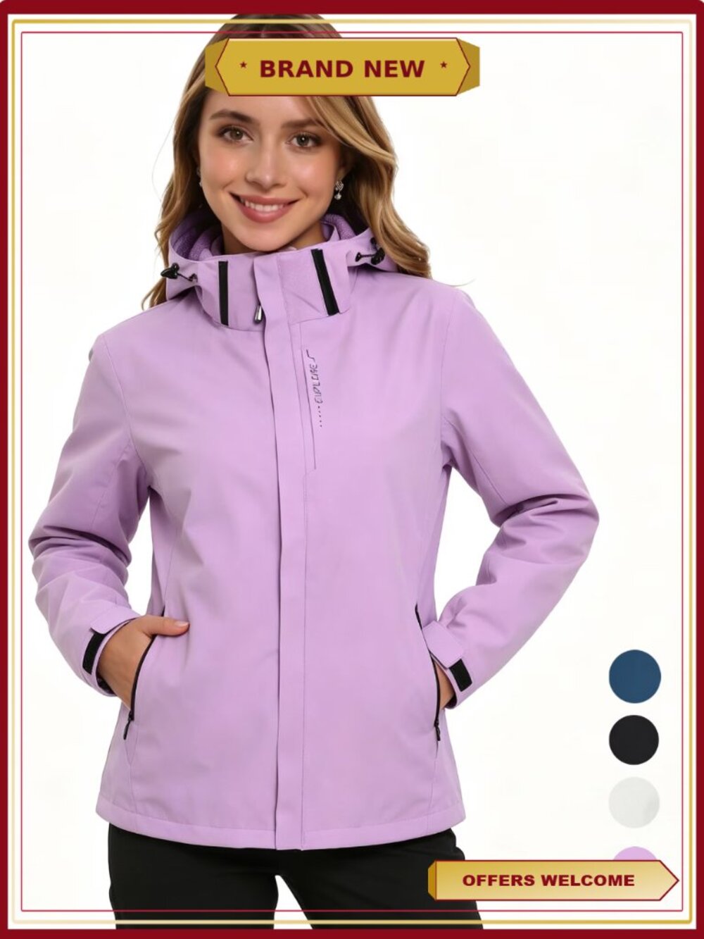 Women's Waterproof Rain Jacket with Pockets & Detachable Hood Lightweight